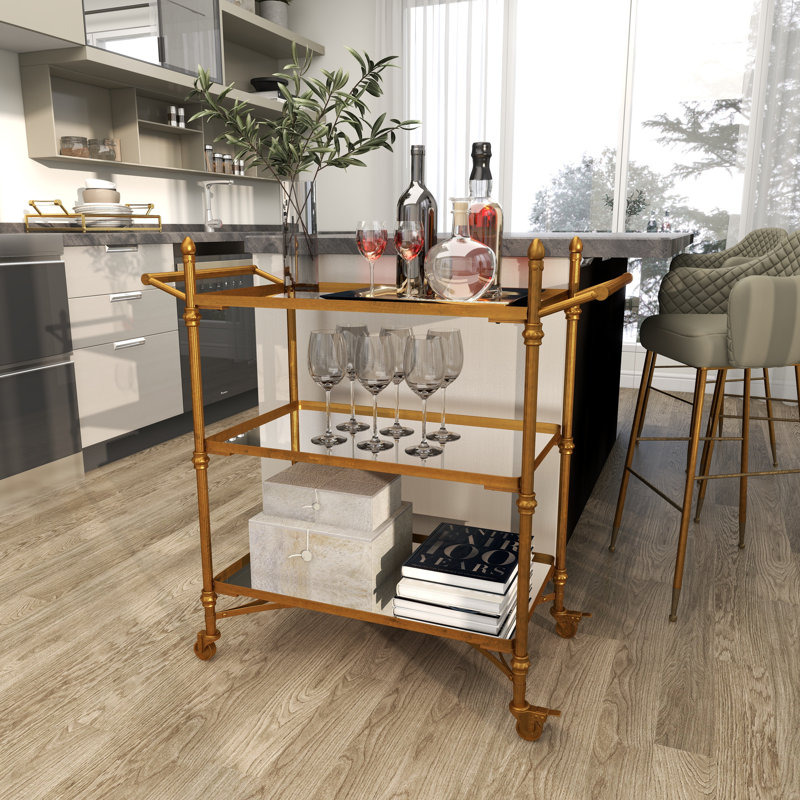 Metal Rolling 3 Mirrored Shelves Bar Cart with Handles