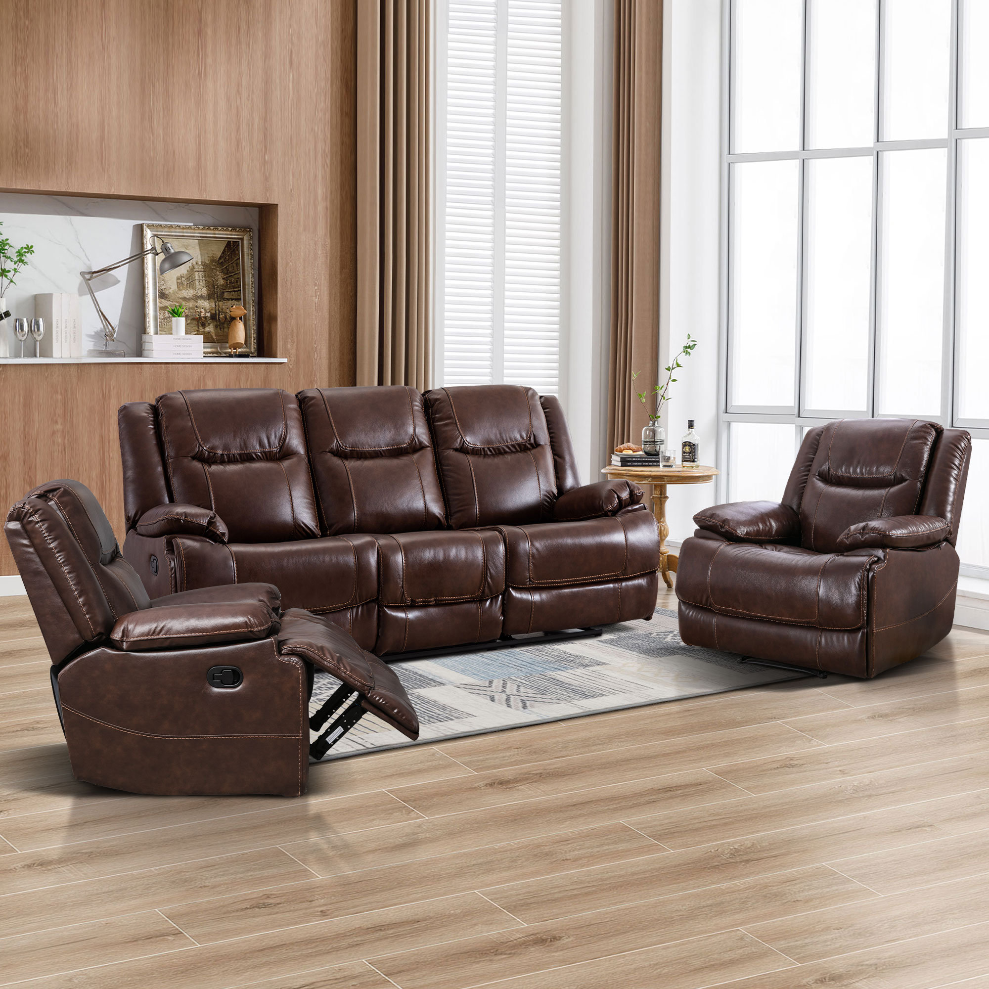 Pendaray 3 Piece Leather Reclining Living Room Set with 2 Recliners 1 Sofa