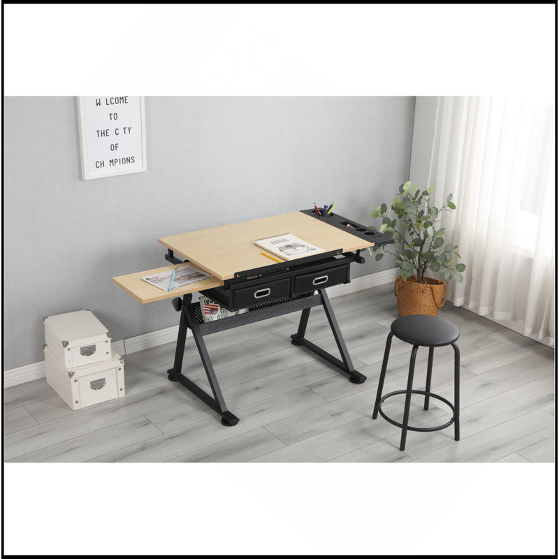 Adjustable Drawing Drafting Table Desk With 2 Drawers For Home Office And School With Stool(Wood)