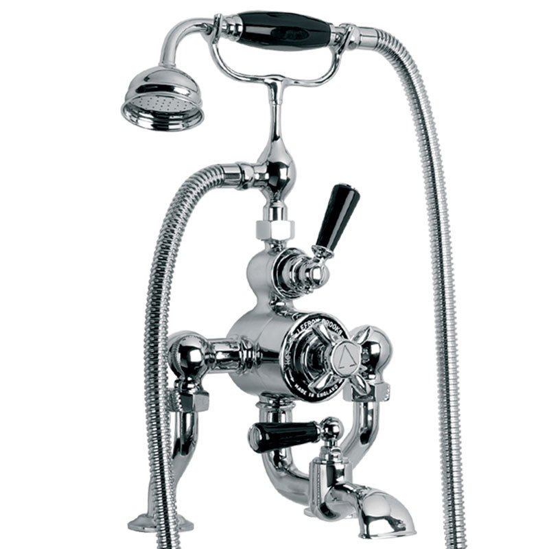 Classic Black Double Handle Thermostatic Bath/Shower Mixer with Tub Faucet and Handshower, Polished Chrome, Deck Mounted