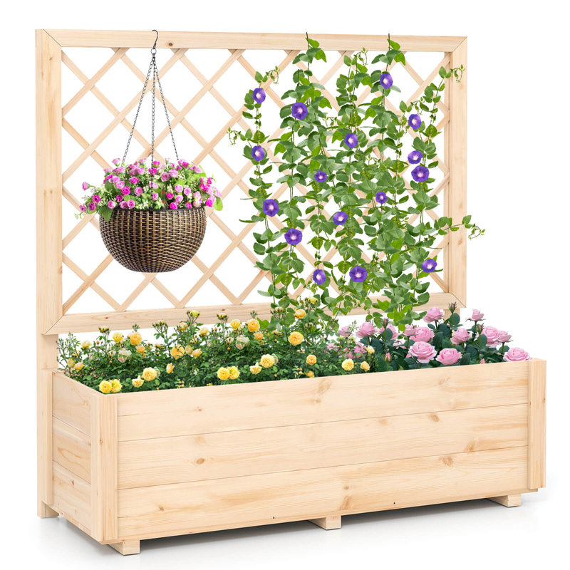 40" Wooden Raised Garden Bed With Lattice Trellis For Climbing Vine Flower, 1