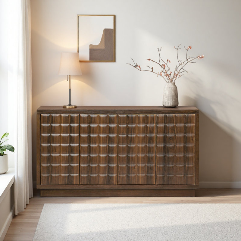 Armoire de rangement moderne à 4 portes avec portes géométriques 3D et garniture en métal pour le salon, la cuisine ou le bureau à domicile
