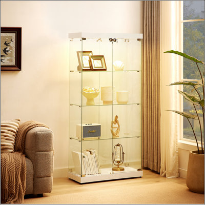 4-Tier Glass Display Cabinet, Double Door Glass Cabinet, Four Partitions, Two Locks, Floor Standing Storage Cabinet for Living Room, Bedroom, Showroom and Office, White, 31.5"L x 14.2"W x 66.3"H