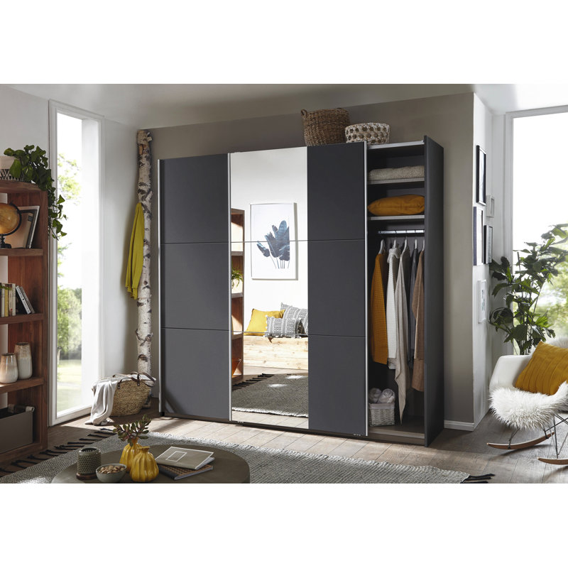 Santiago Wardrobe with Mirror and Three Different Equipment Options, 210cm H x 218cm W x 59cm D, Grey Metallic with Mirror