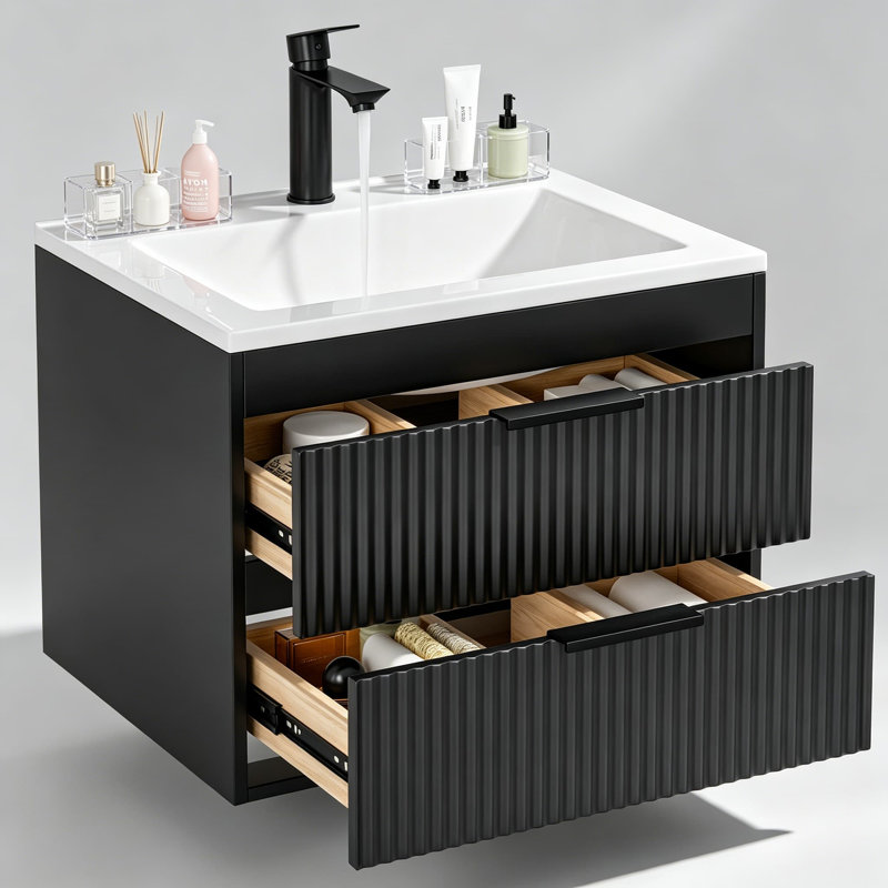 Meuble-lavabo mural moderne avec lavabo, armoire flottante à double tiroir, lavabo en résine blanche et mécanisme de fermeture silencieuse