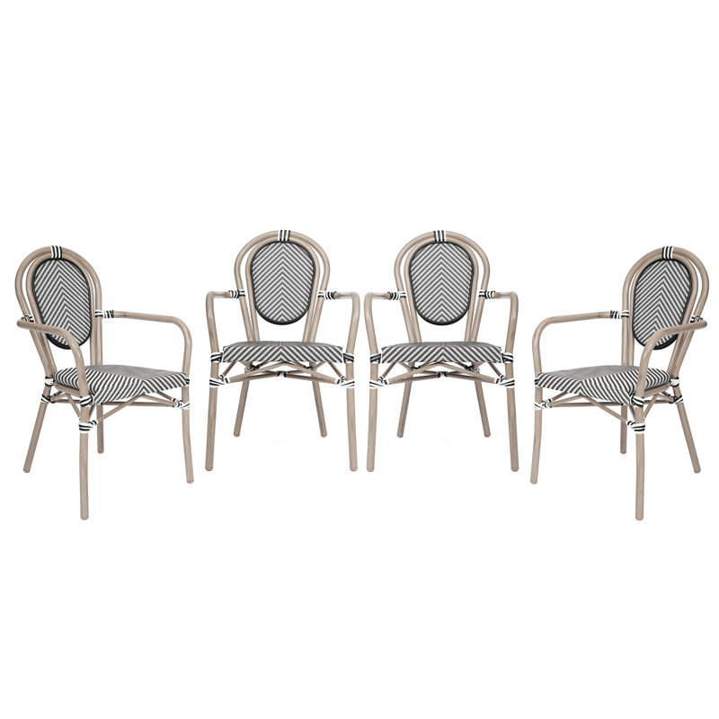 Chiles Stacking All-Weather Commercial Paris Chairs with Arms and Metal Frames, Black/White