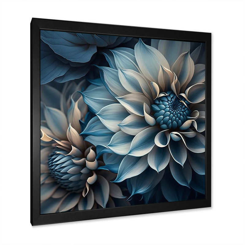 Dahlia fleurs bleu et blanc II - art mural Dahlia pour le salon, H 30 po x l 30 po, Cadre photo noir