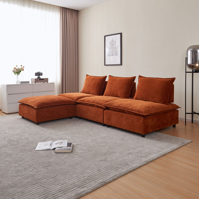 Armless Sofa Couch with Ottoman, Orange