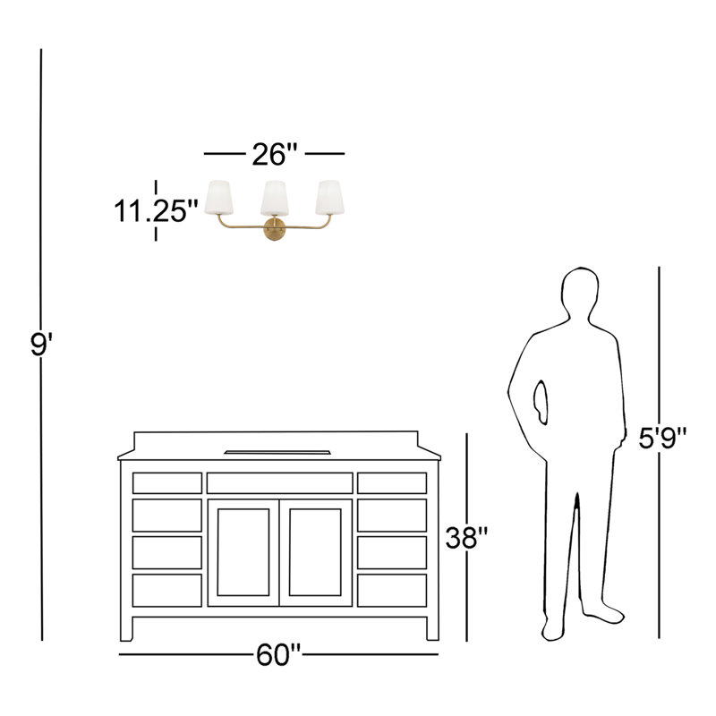 Éclairage pour meuble-lavabo à 3 lumières Arvell, Laiton vieilli