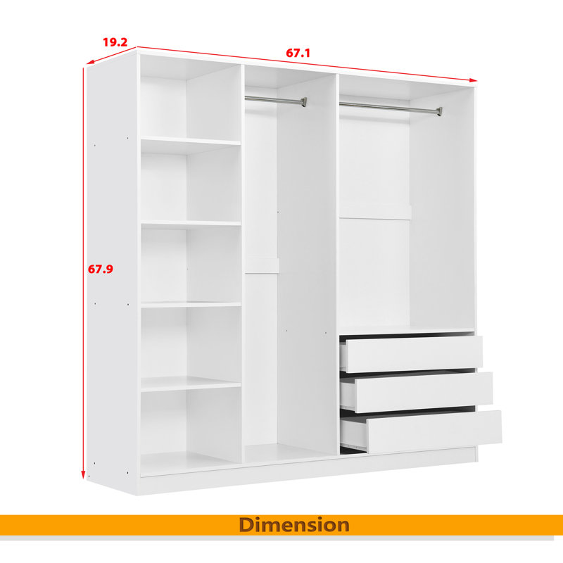 Armoire de rangement en bois sans porte pour chambre à coucher avec tablettes et 3 tiroirs, Blanc