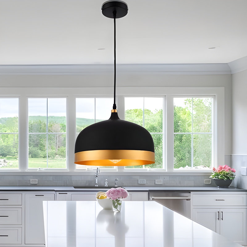 Black Metal Dome Pendant Light with Golden Ring – Modern Ceiling Fixture for Kitchen, Dining & Living Room