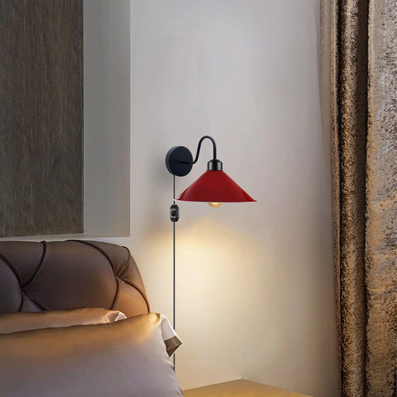 Industrial Modern Anayaa Plug-In Wall Sconce – Metal Cone Shade with Cord Dimmer for Easy Mounting, Red
