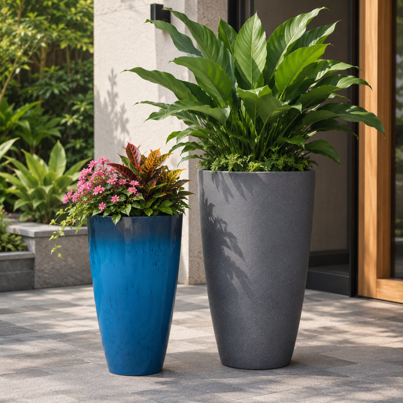 Ensemble de 2 pots à fleurs modernes en résine à finition mixte avec soucoupes et écrans de drainage, bleu brillant et gris moucheté