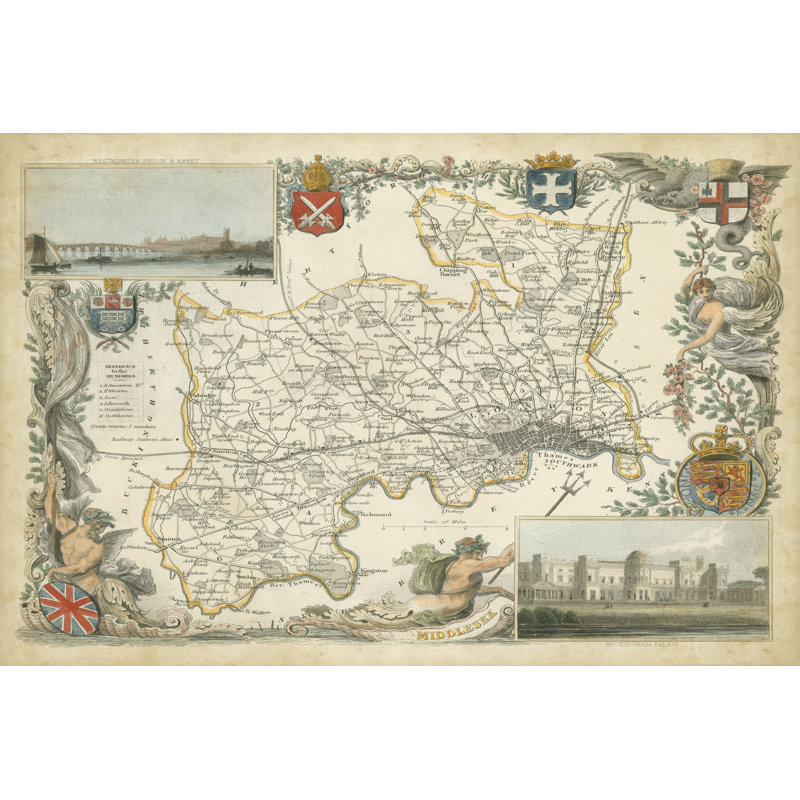 Map Of Middlesex - Wrapped Canvas Print, 61cm H x 91cm W