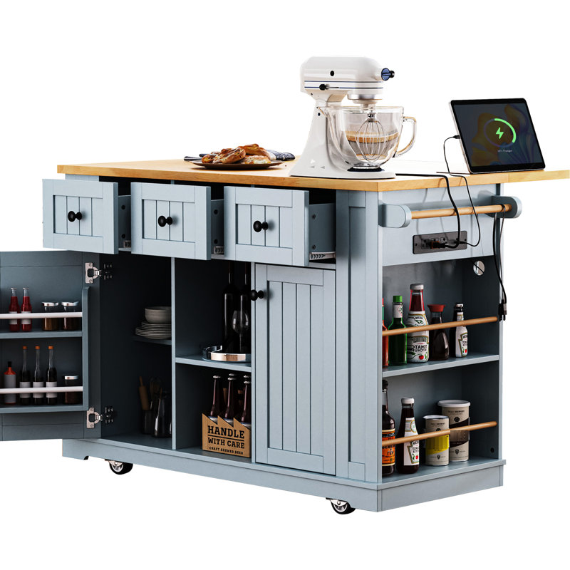 53Inch Rolling Kitchen Island - Equipped With Internal Storage, Power Supply, And Foldable Drop Leaf For Outlet Storage Cart Adjustable