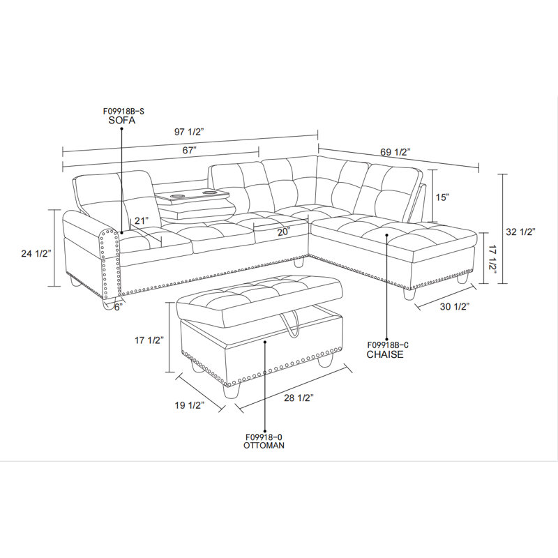 Orion  Brown Grey Linen  Right  Hand 3-Piece  Living Room Sofa, Gray Linen