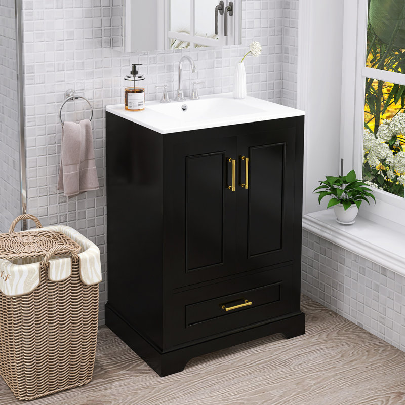 Modern Freestanding Bathroom Vanity With Ceramic Sink, Black, 24"