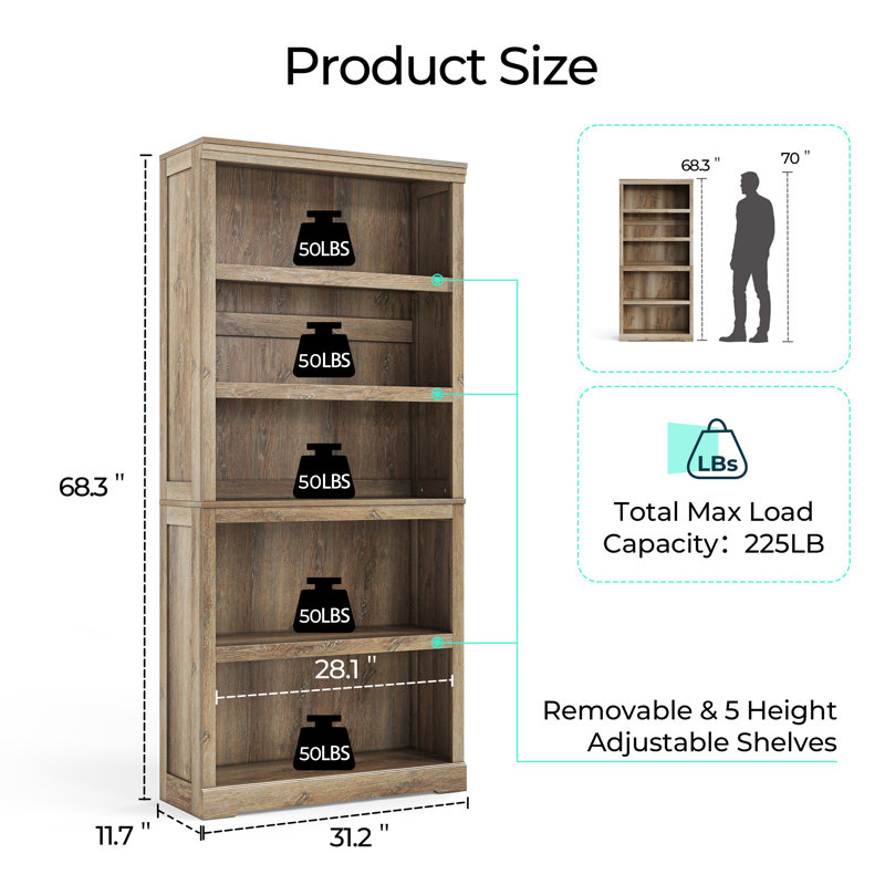 Patrick 31" W Tall 5 Shelf Bookcase - Set of 2, Light Brown, (5 Shelves) 31.2”W 