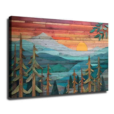 Wooden Layered Mountain Sunset Pine Tree Wall Art, Large Gallery Wrapped Canvas Wall Art Print For Living Room Bedroom