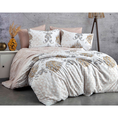 Ensemble de housse de courtepointe Luxury Ranforce King, 100% coton, 94,5 x 86,6 pouces | 140 fils au pouce carré, lavable à la machine | Comprend 2 taies d'oreiller (23,6 po x 23,6 po) | Design élégant brun, blanc et gris, doux et durable