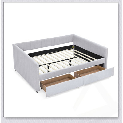 Beige Queen Bed with Foam Padding and Built-in Storage, Combining Comfort and Functionality for a Restful Night's Sleep.