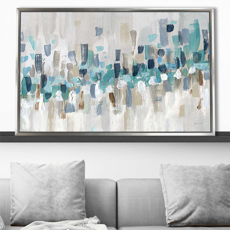 Staccato Blue II par - Peinture, Cadre flottant argent, H 39,5 po x l 63,5 po x P 2 po