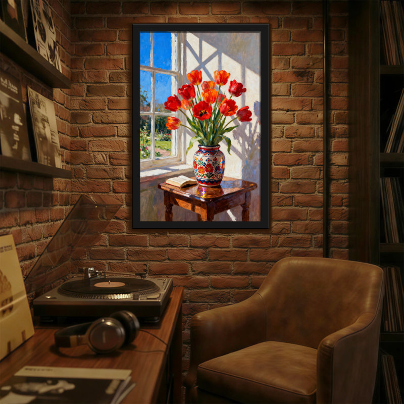 Plantes et fleurs tulipes dans un vase près d'une fenêtre avec un livre, H 24 po x l 16 po