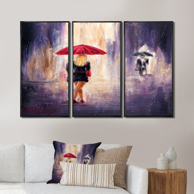 «Lady with Red Umbrella Walking in The Rain», ensemble de 3 reproductions sur toile flottantes