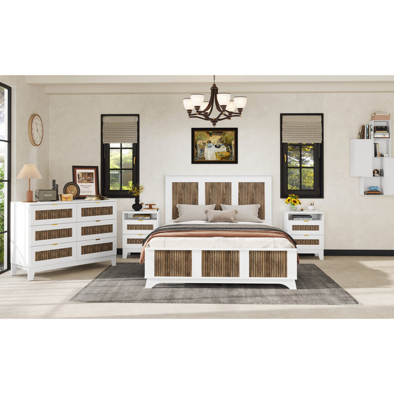 White Queen Platform Bed, Wooden Strip Decoration, Stable Plywood Slats, 700Lbs Weight Support, No Box Spring Required Bed With Character And