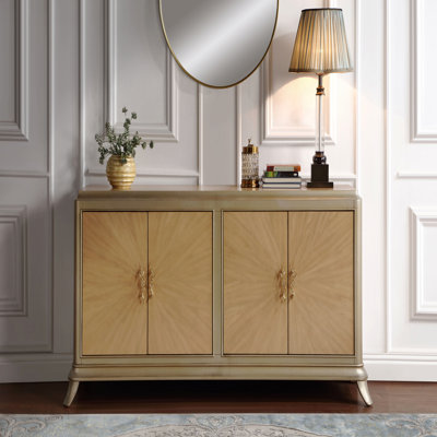 Natural Oak Sunburst Pattern & Taupe Champaign Finish Console Cabinet
