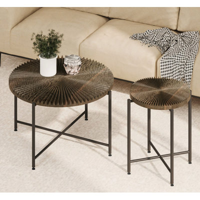 Ensemble de 2 tables basses et tables de bout, panneau de fibres à densité moyenne imperméable avec revêtement en PVC, conception cylindrique vieillie, pieds en métal noir, charme rustique classique