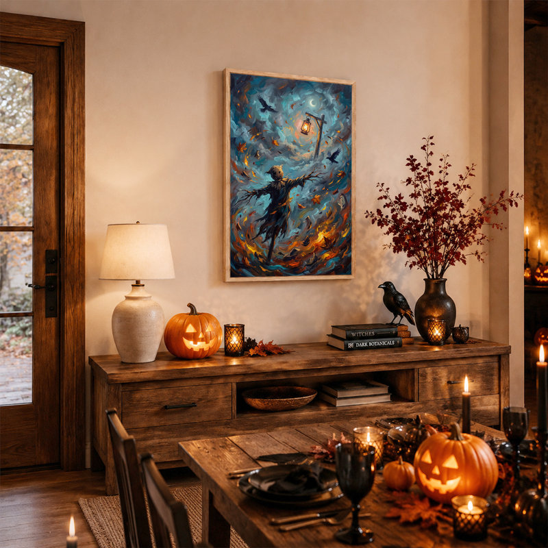 Épouvantail avec lanterne et feuilles tourbillonnantes - Décoration murale sur toile pour l'Halloween, 48"H x 32"W