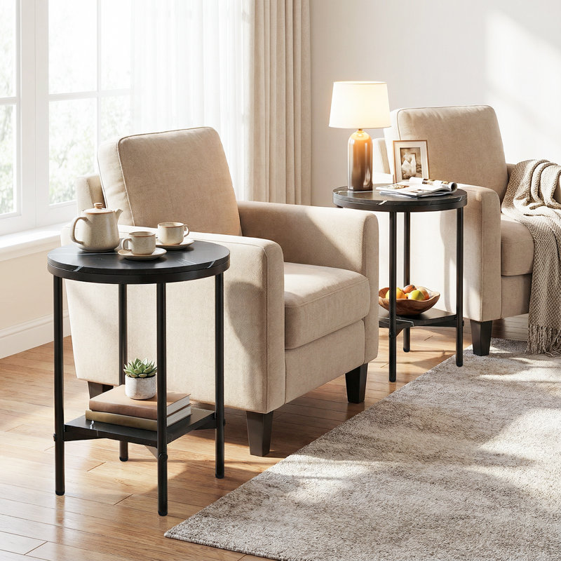 Side Table Modern Round End Table With Top & Bottom Storage Shelf, Black, Black