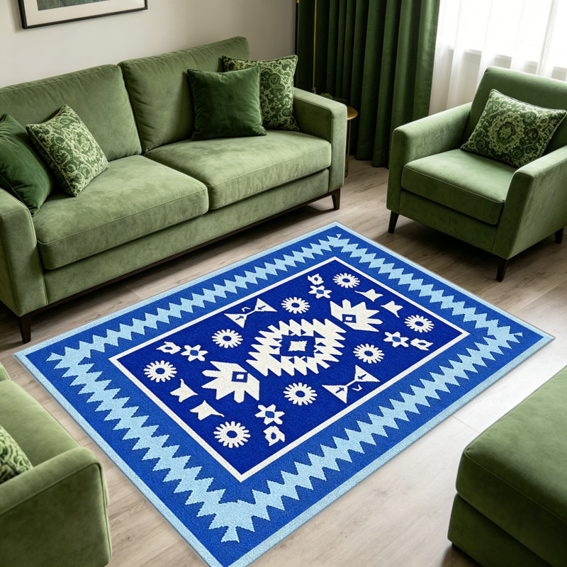 Blue Southwestern carpet-easy to clean, machine-washable, soft and comfortable; suitable for door mats, kitchens, living rooms, bedrooms, corridors, and laundry areas. Easy to clean, durable carpet for home decoration.