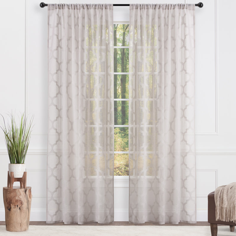 Rideau géométrique semi-transparent avec passe-tringle, Taupe, L 52 po x L 96 po