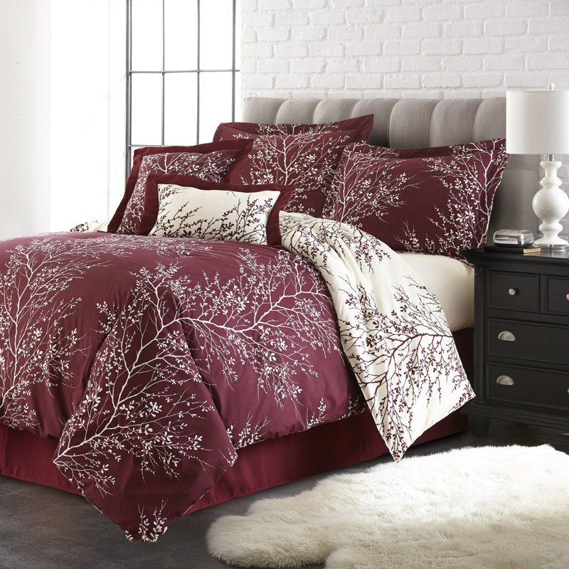 Foliage Reversible Comforter Set, Burgundy/White, Twin Comforter Set + 4 Additional Pieces