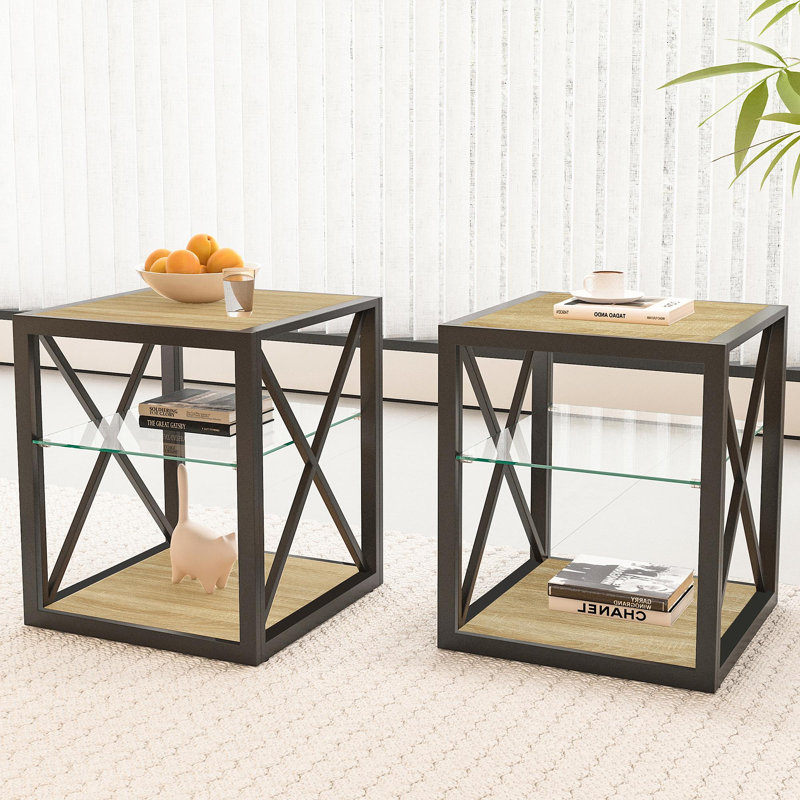 Set Of 2 Modern End Table Nightstand For Bedroom & Living Room, Tempered Glass & Natural Wood MDF Top , Industrial Style Side Table