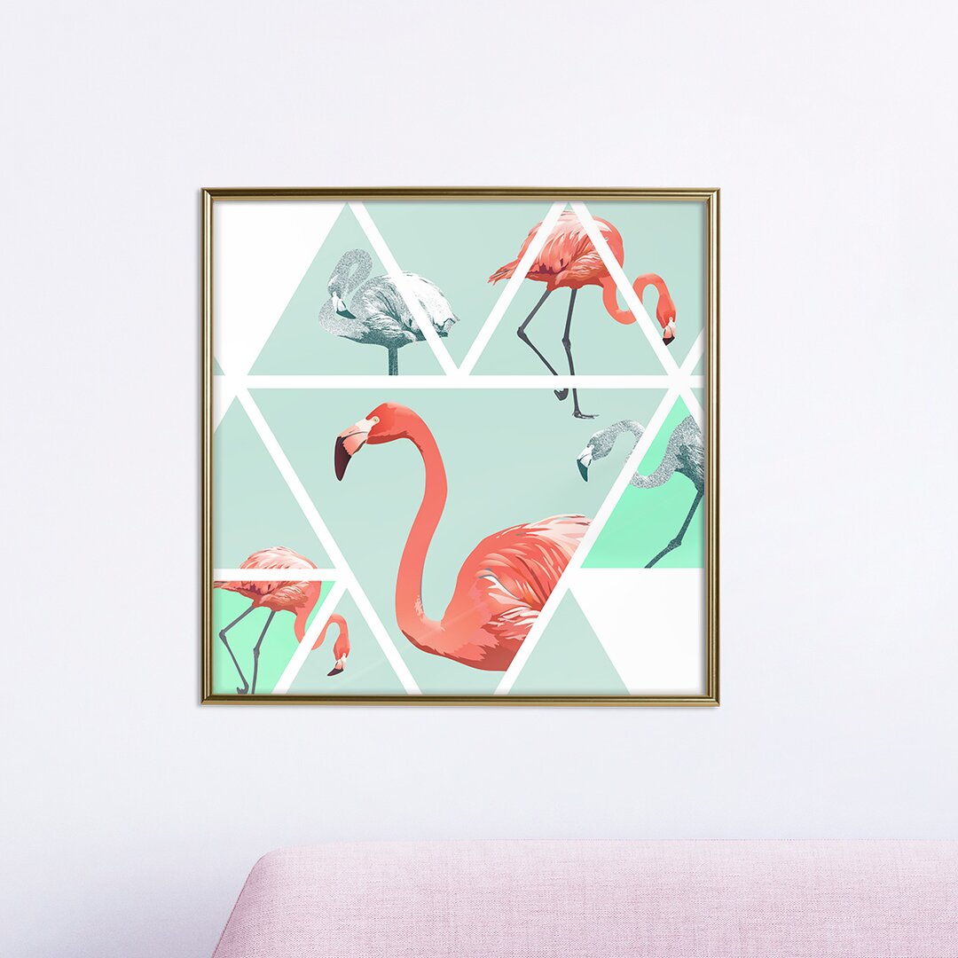 Gerahmter Grafikdruck Tropisches Mosaik mit Flamingos