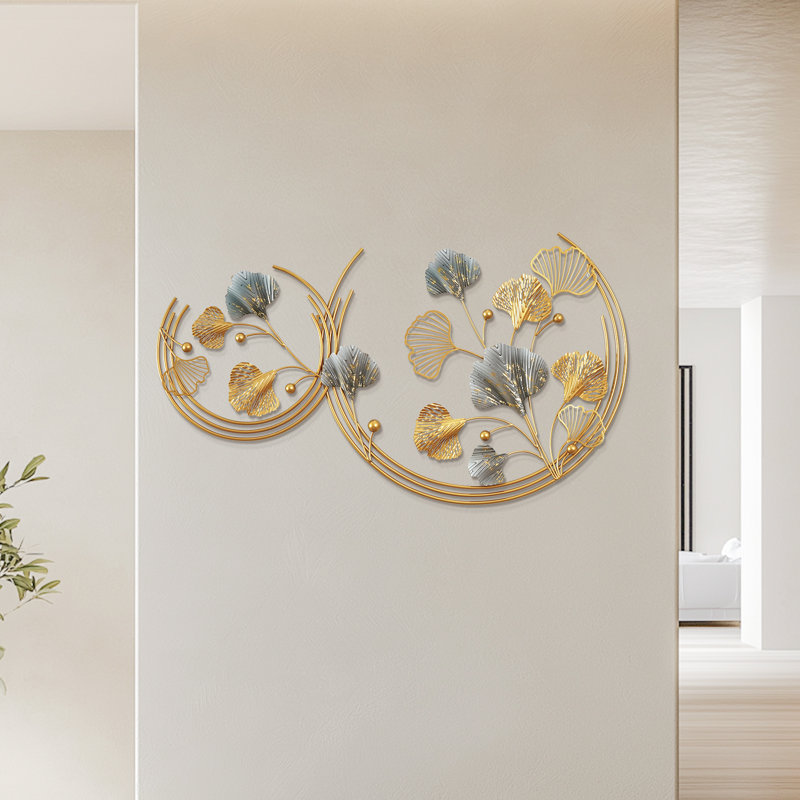 Modern Hand-Painted 3D Hollow-out Ginkgo Leaves Metal Round Wall Art Decor Gold
