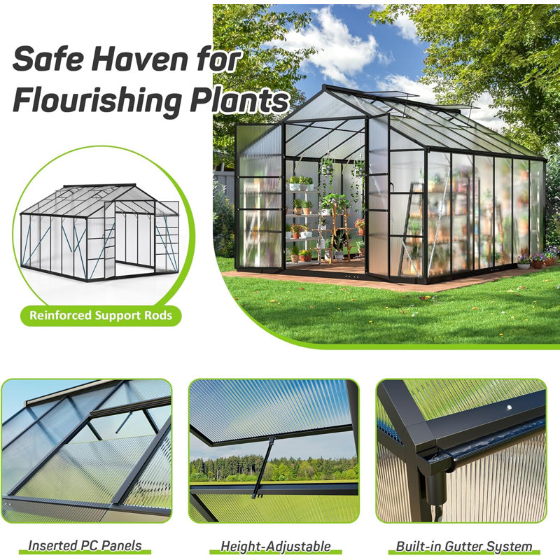 10 ft. W x 12 ft. D Greenhouse for Outdoors,  with Quick Setup Structure and Roof Vent, Black
