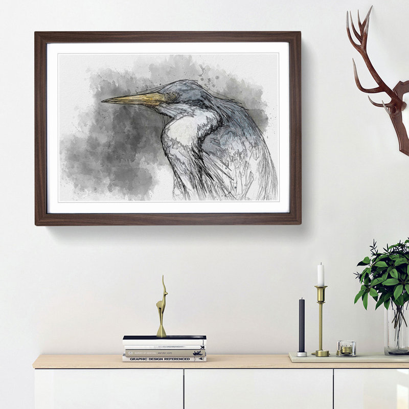 Pied Heron - Picture Frame Graphic Art Print, 27cm H x 36cm W x 2cm D, Walnut Framed