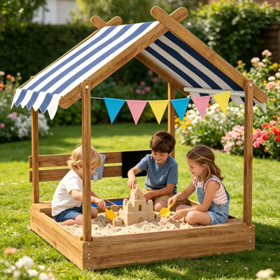 Wooden Sandbox with Canopy, Brown House Design for Kids Ages 3-7 – Outdoor Sand Pit with Covered Top