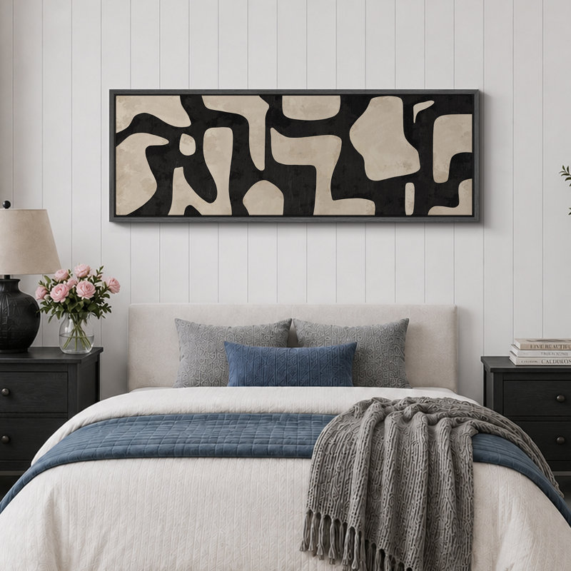 Contours abstraits de forme Mid-Century, œuvre d'art beige et noir, décoration de chambre à coucher rétro, très grande impression sur toile encadrée