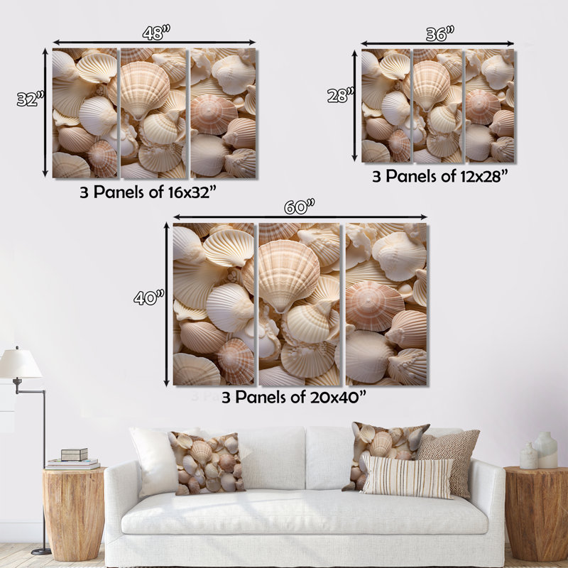 Beige palourde, coquillage, symphonie I sur toile, 3 pièces, H 28 po x l 36 po x P 1 po