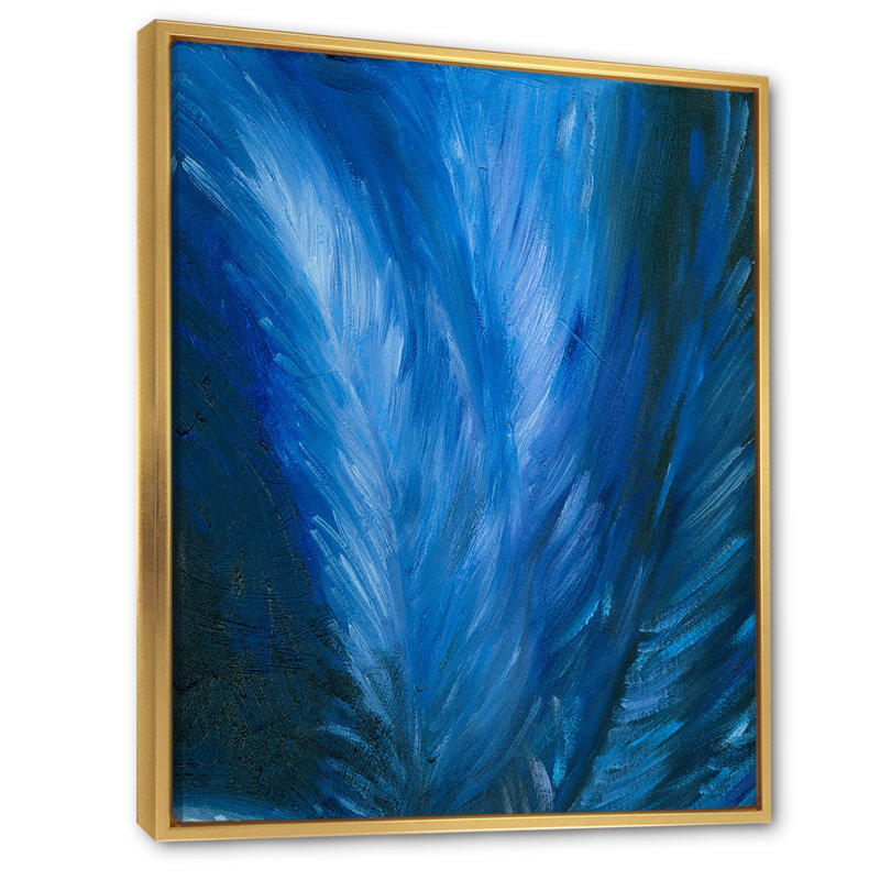Plume bleue moderne - Peinture sur toile, H 12 po x l 8 po x P 1 po, Cadre flottant doré