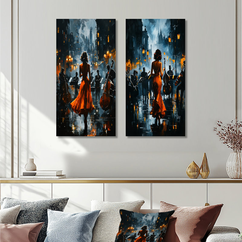 Orange noir, musique de jazz à Harlem City II - ensemble de 2 impressions murales en métal, 40" H x 40" W