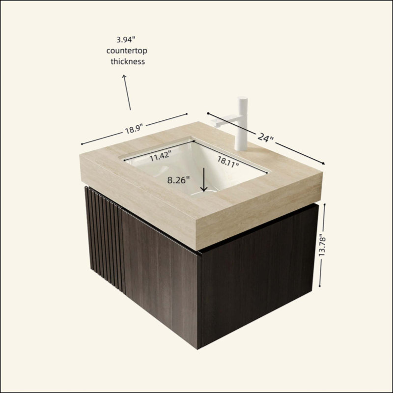 Meuble-lavabo de salle de bain, armoire de rangement en contreplaqué flottant avec 2 portes, comptoir en pierre frittée et lavabo en céramique avec 1 trou de robinet pré-percé, pré-assemblé