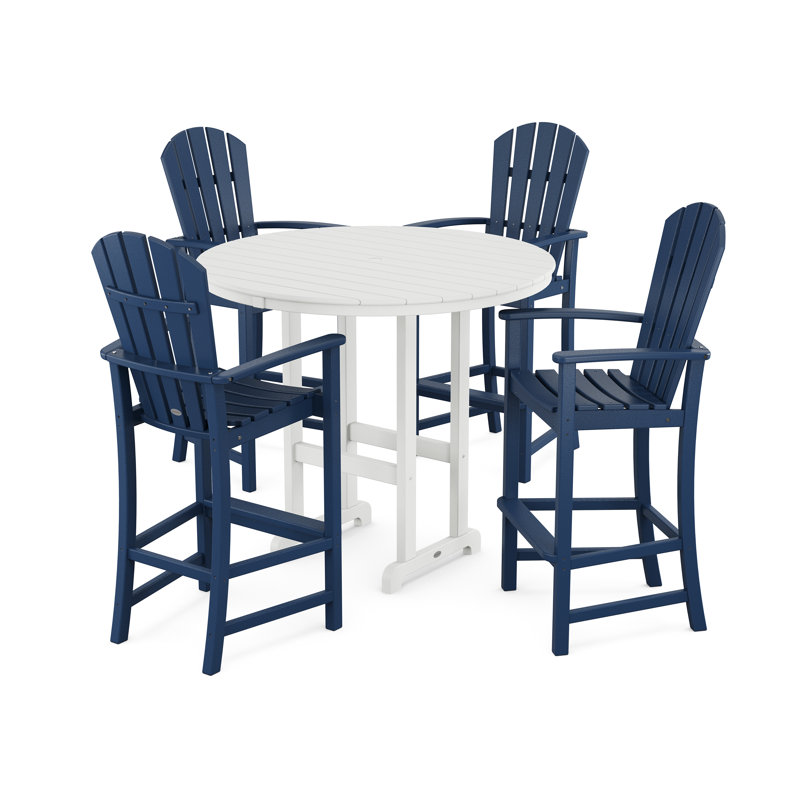 Ensemble de bar rond 5 pièces POLYWOOD Palm Coast, Bleu marine/blanc