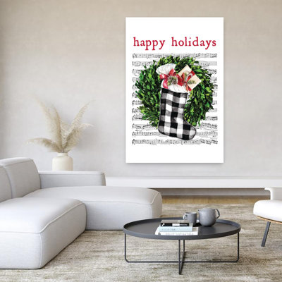 Happy Holidays Stocking Wreath 1 Piece Wrapped Canvas Wall Art