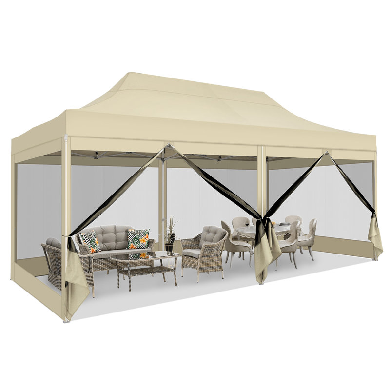 10'Wx20'D Heavy Duty Canopy Tent, Pop up Gazebo with Netting Screened, Khaki